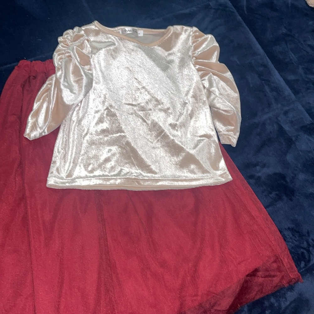 Orchard Lane girls size 6, maroon tulle long skirt w/off white/cream velour top